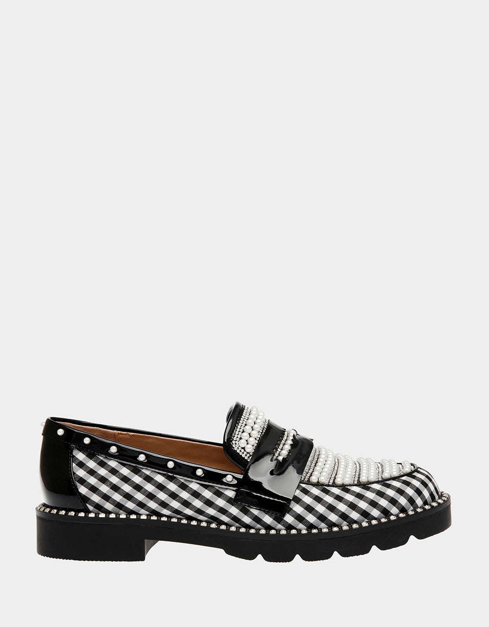 Black & White Gingham Loafers with Pearl Embellishments | RE:LUV