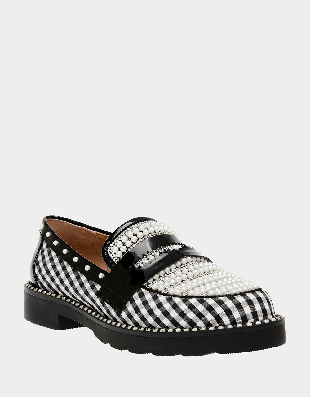 Black & White Gingham Loafers with Pearl Embellishments | RE:LUV