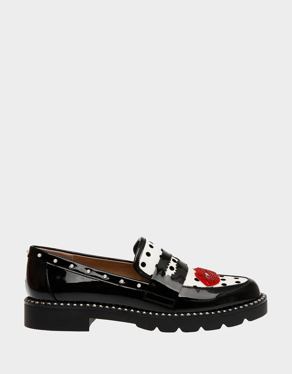 Black & White Polka Dot Loafers with Red Kiss Embellishment | Darian-L