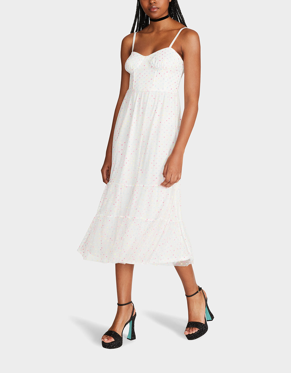 White Corset Midi Dress with Polka Dot Mesh Overlay | Garden Vibes