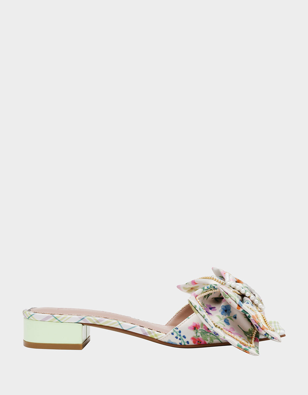 Garnet Block Heel Sandals with Pearl Buckle Bow | Betsey Johnson