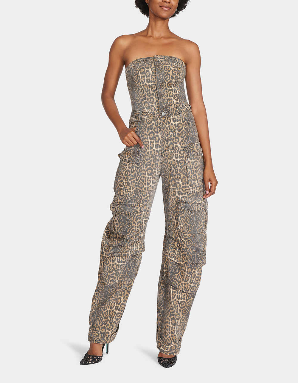Strapless Leopard Print Cargo Jumpsuit with Pockets | Gina