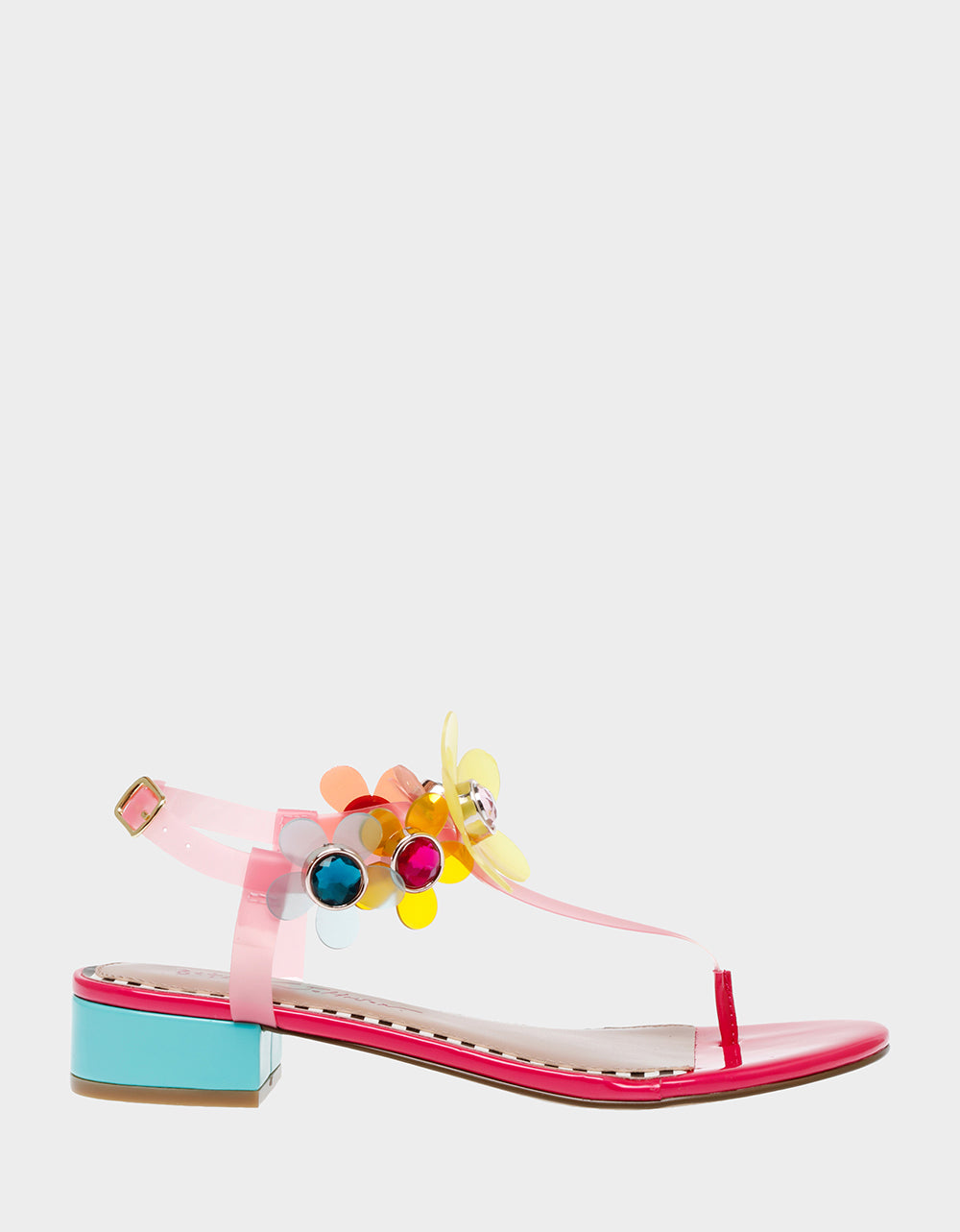 Floral Embellished T-Strap Sandals with Buckle Closure | ALANNI FUCHSIA