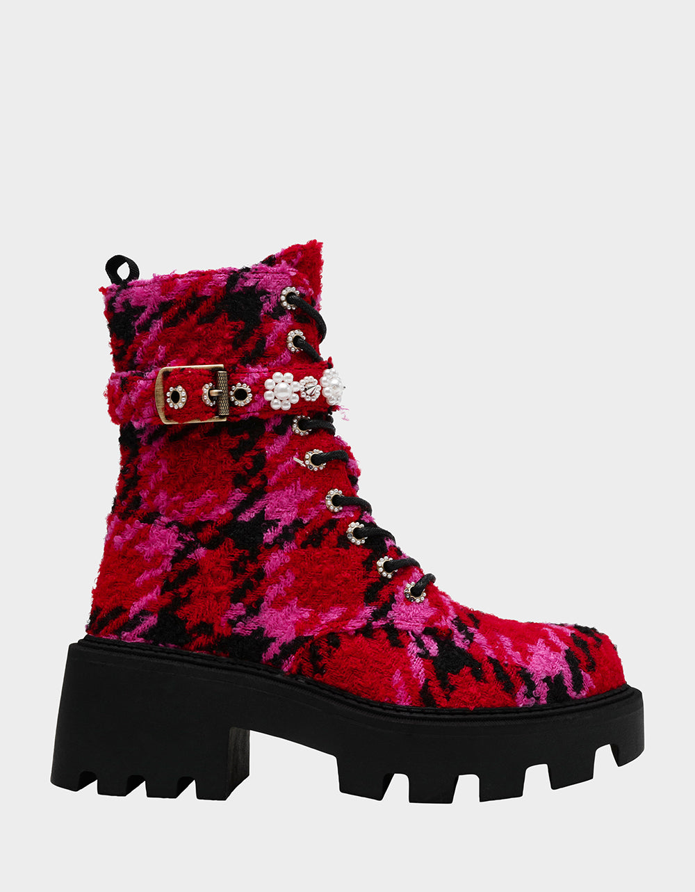 Betsey Johnson HEATHR Combat Boots with Lugsole & Textile Print | Fuchsia Multi