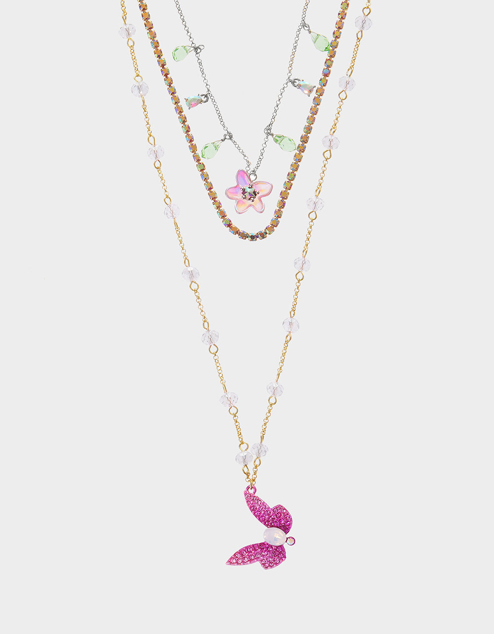 Pink Layered Dragonfly Necklace with Flower Charm | Garden Glam Jewelry
