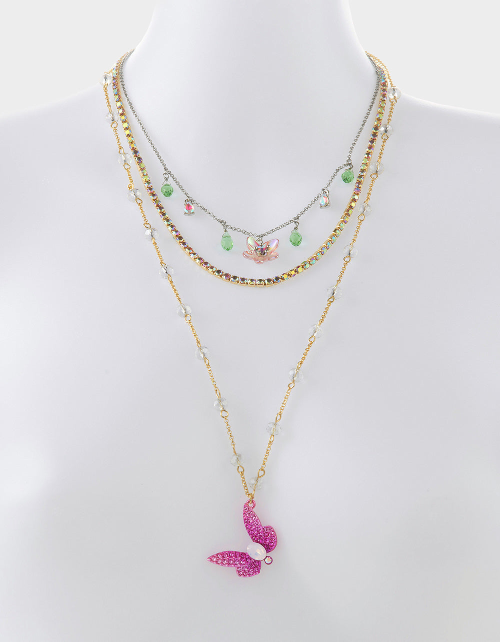 Pink Layered Dragonfly Necklace with Flower Charm | Garden Glam Jewelry