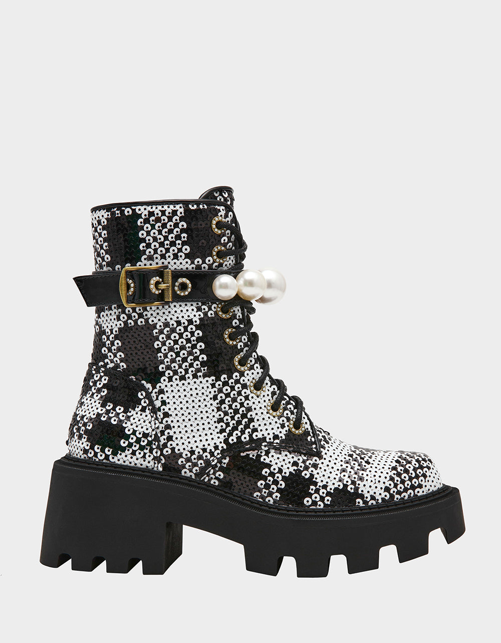 Plaid Lace-Up Combat Booties with Pearl Embellishments | JONNIE