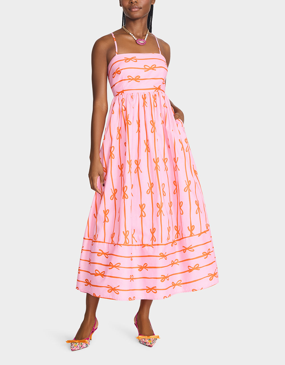 Flowy Bow Print Maxi Dress with Back Cut Out | Jordy by Betsey Johnson