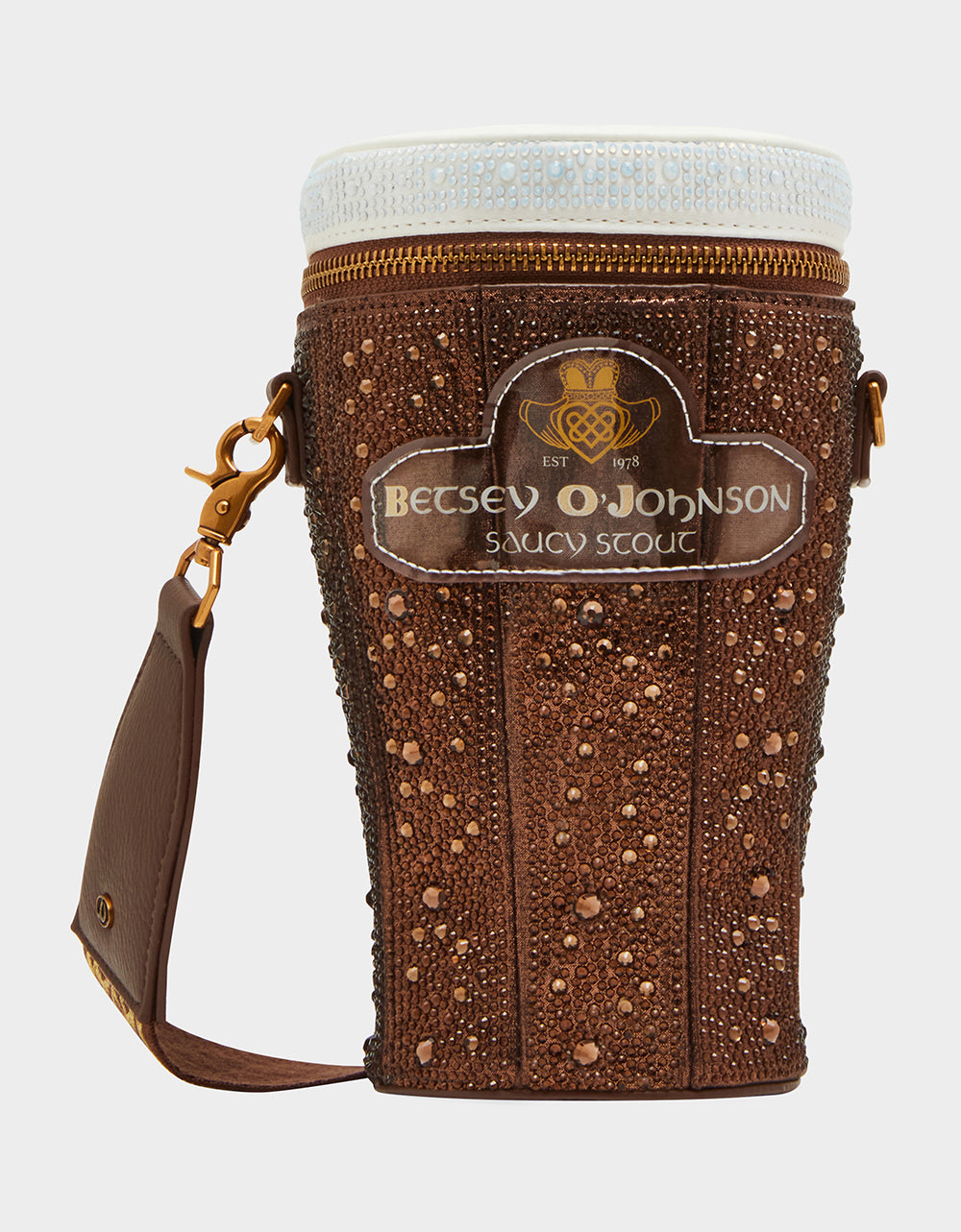 Rhinestone Crossbody Bag with Zipper Closure | Kitsch Saucy Stout Brown