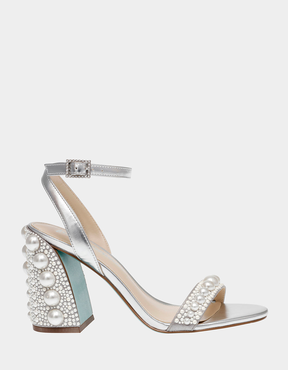 Pearl-Adorned Block Heel Sandals with Ankle Strap | LEXI SILVER
