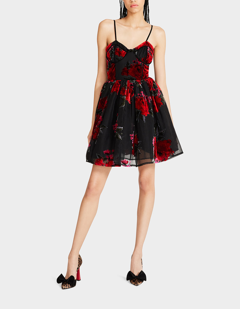 Red Rose Print Mini Dress with Sweetheart Neckline | Lucia