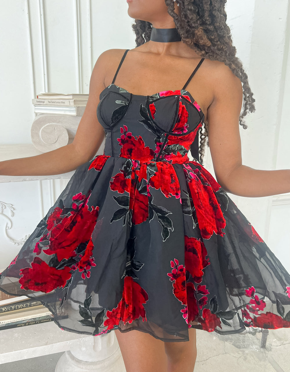 Red Rose Print Mini Dress with Sweetheart Neckline | Lucia