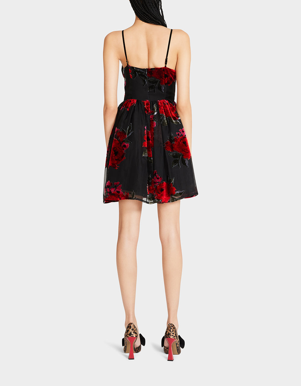 Red Rose Print Mini Dress with Sweetheart Neckline | Lucia