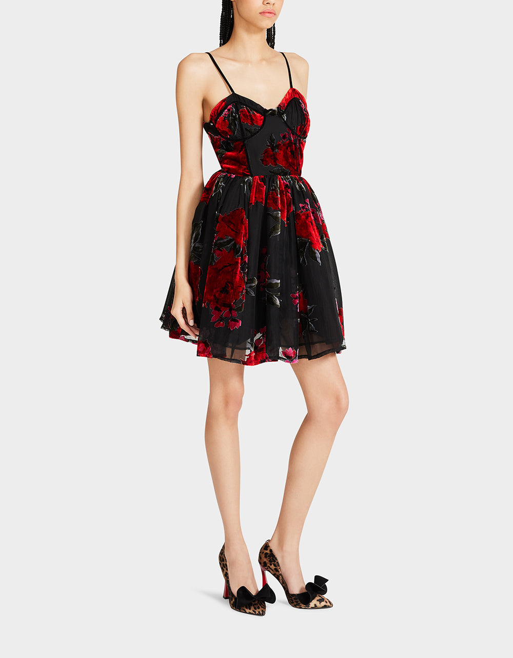 Red Rose Print Mini Dress with Sweetheart Neckline | Lucia