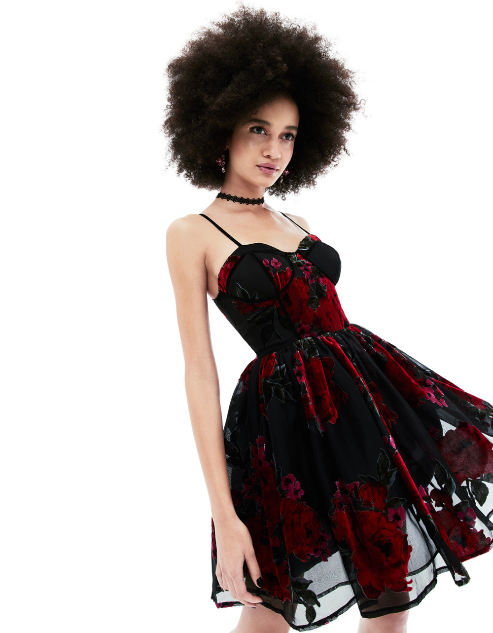 Red Rose Print Mini Dress with Sweetheart Neckline | Lucia