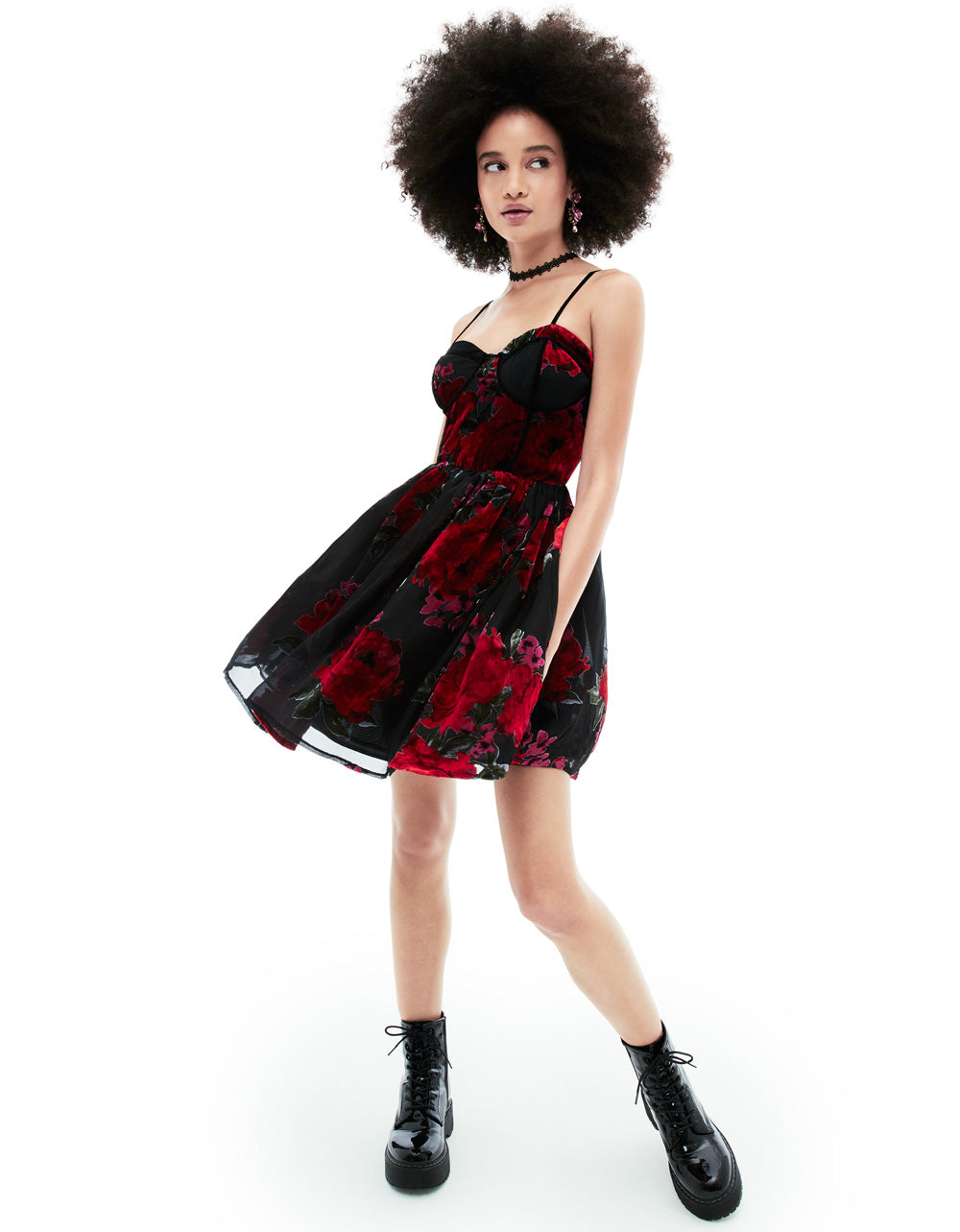 Red Rose Print Mini Dress with Sweetheart Neckline | Lucia