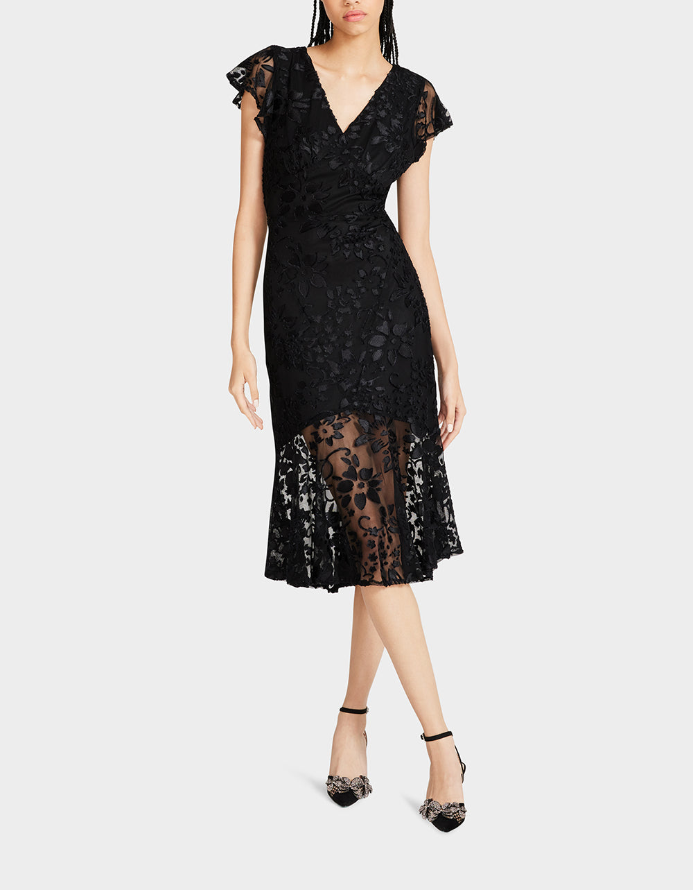 Black Lace Short Sleeve Midi Dress | MERLIN
