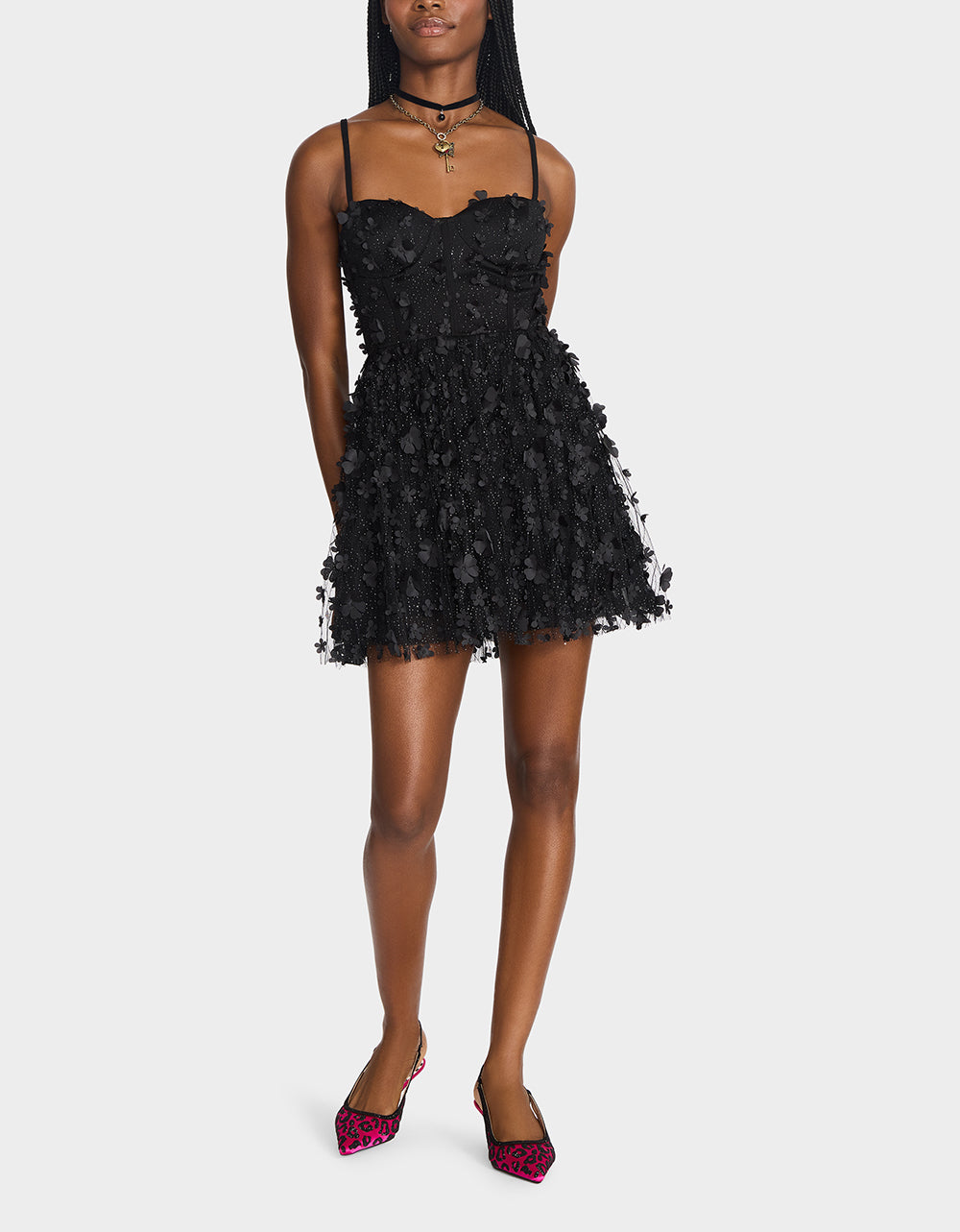 Black Mini Dress with Butterfly Mesh & Bustier | Midnight Bloom