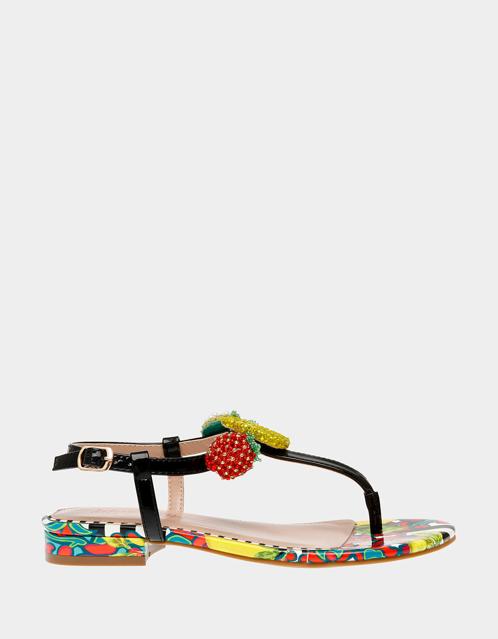 Fruity Print Adjustable Sandals with Beaded Embellishments | Aniston Black Multi