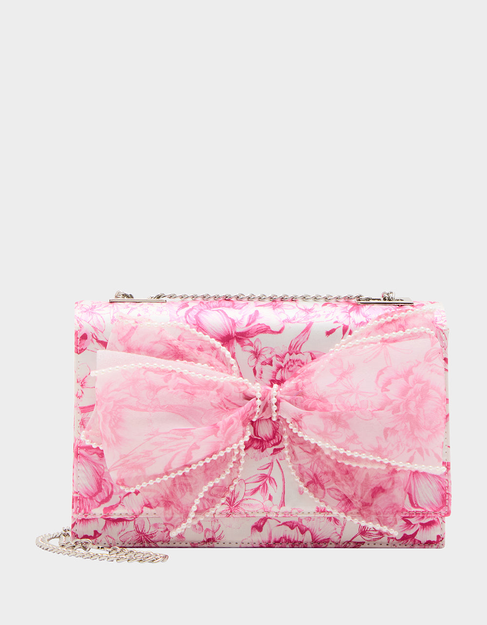Pearl-Trimmed Bow Handbag in White & Pink | Betsey Johnson