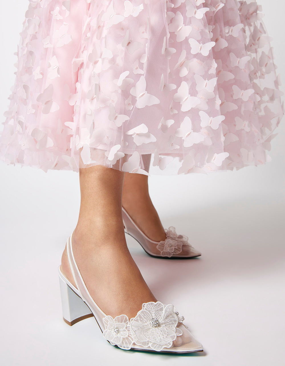 Floral Mesh Slingback Heels with Chunky Heel | PETRA Ivory