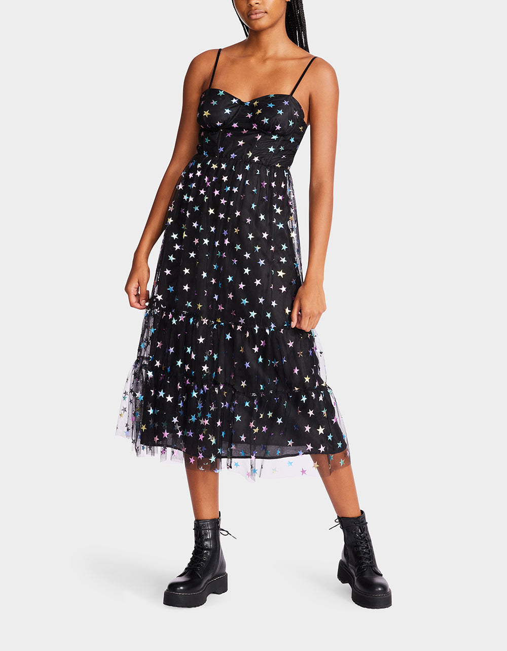 Black Mesh Midi Dress with Star Pattern & Sweetheart Neckline | Betsey Johnson