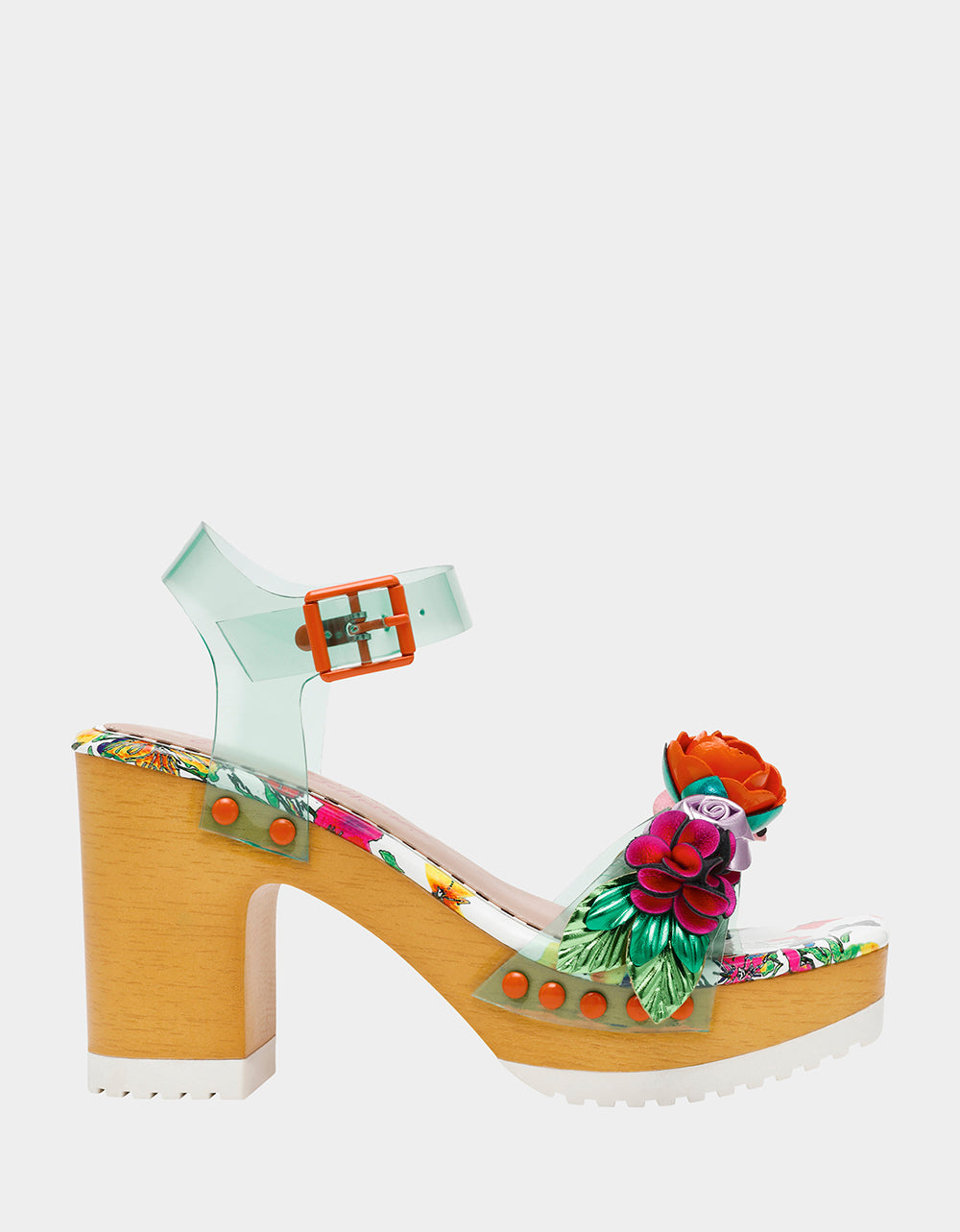 Floral Print Block Heels with Ankle Strap | RAYYNA Teal Multi