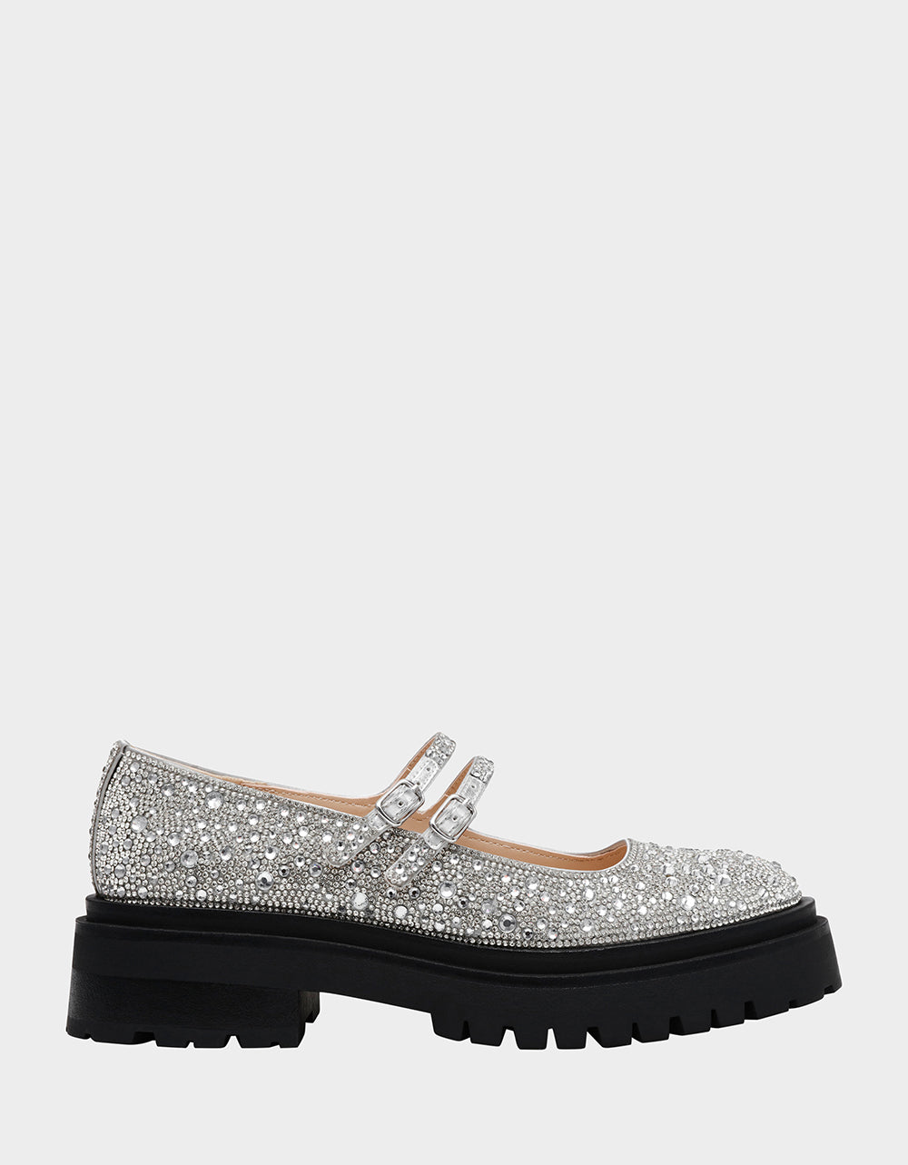 Rhinestone Embellished Mary Jane Loafers with Lug Sole | RICO Silver