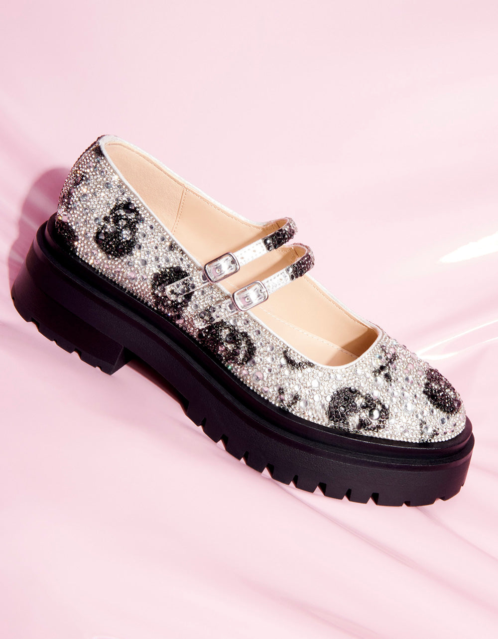 Rhinestone Mary Jane Loafers with Lug Sole & Buckle Closure | RICO Silver