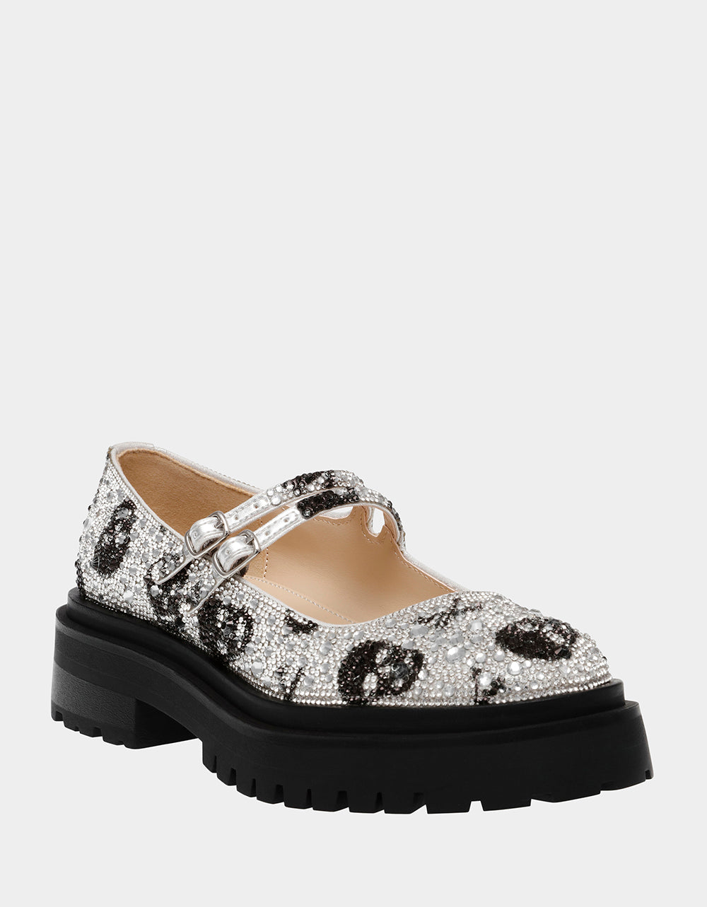 Rhinestone Mary Jane Loafers with Lug Sole & Buckle Closure | RICO Silver