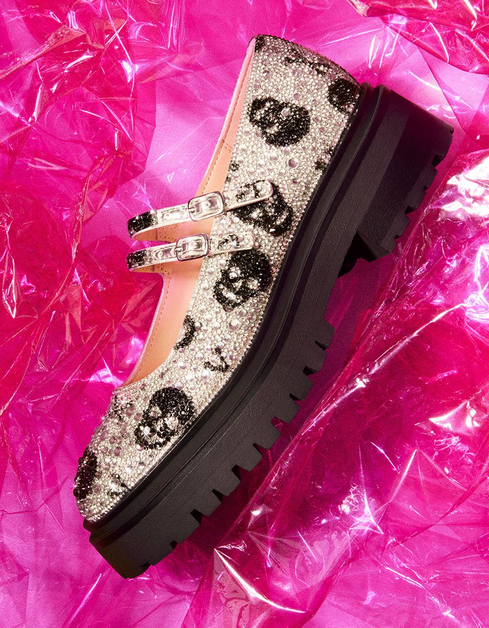 Rhinestone Mary Jane Loafers with Lug Sole & Buckle Closure | RICO Silver