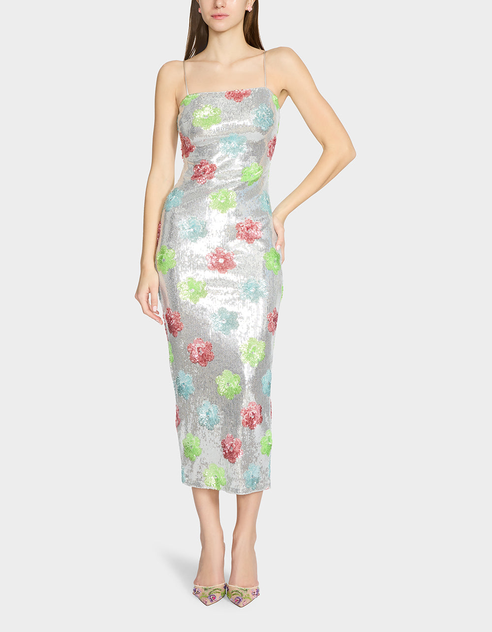 Silver Sequin Maxi Dress with Multi-Colored Flowers | Sassy