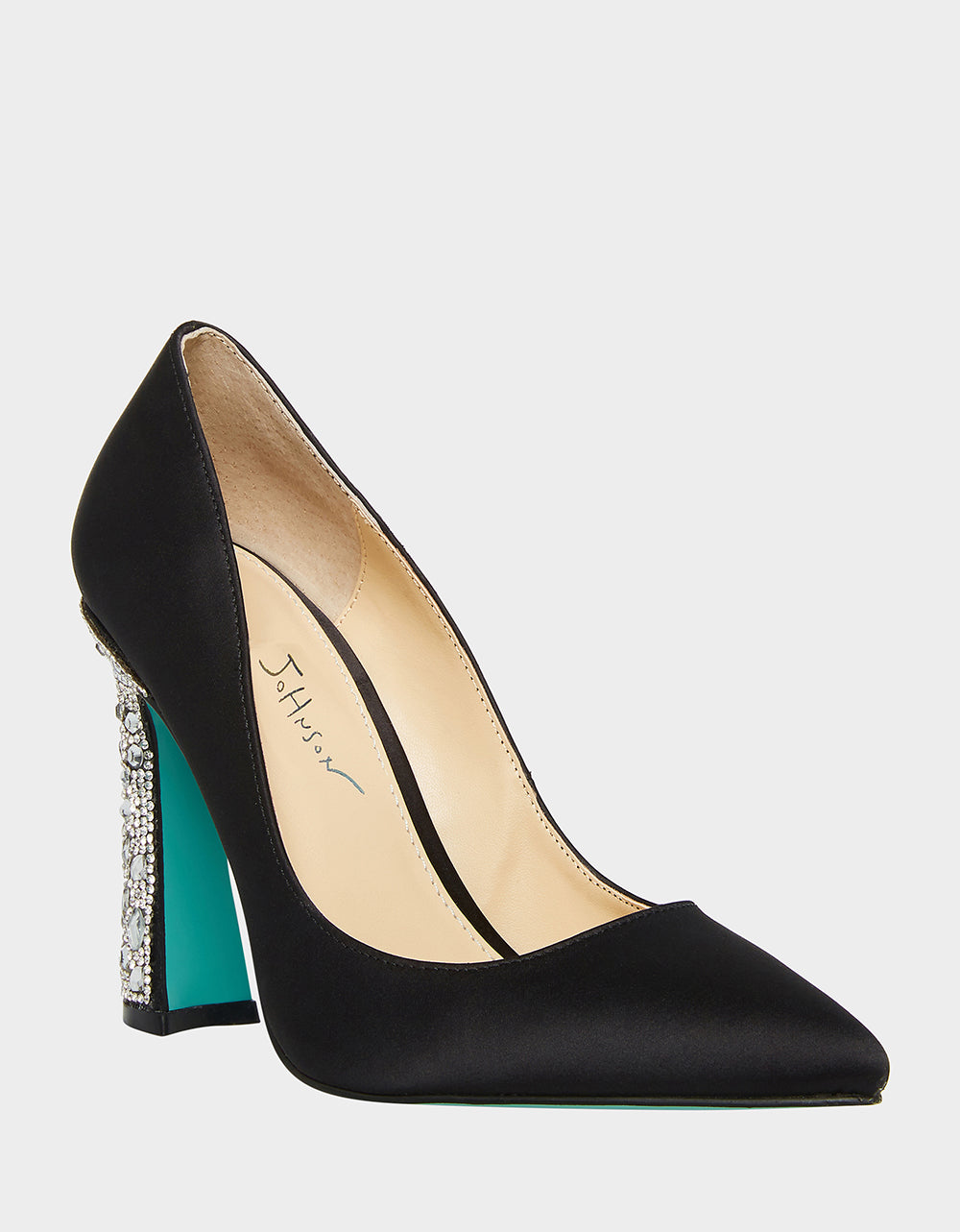Black Satin Rhinestone Heels with 4-Inch Heel | RE:LUV