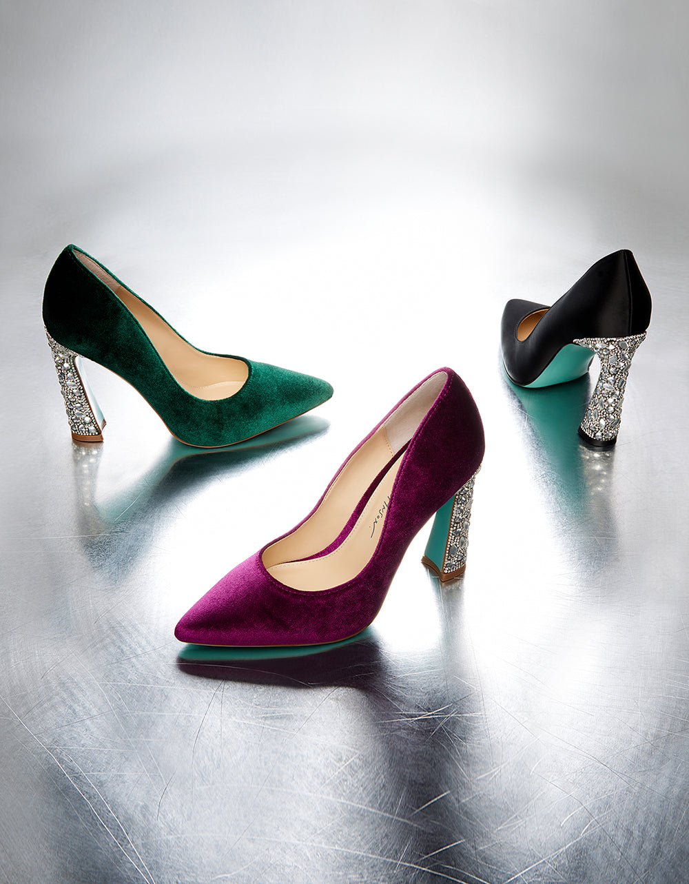 Black Satin Rhinestone Heels with 4-Inch Heel | RE:LUV