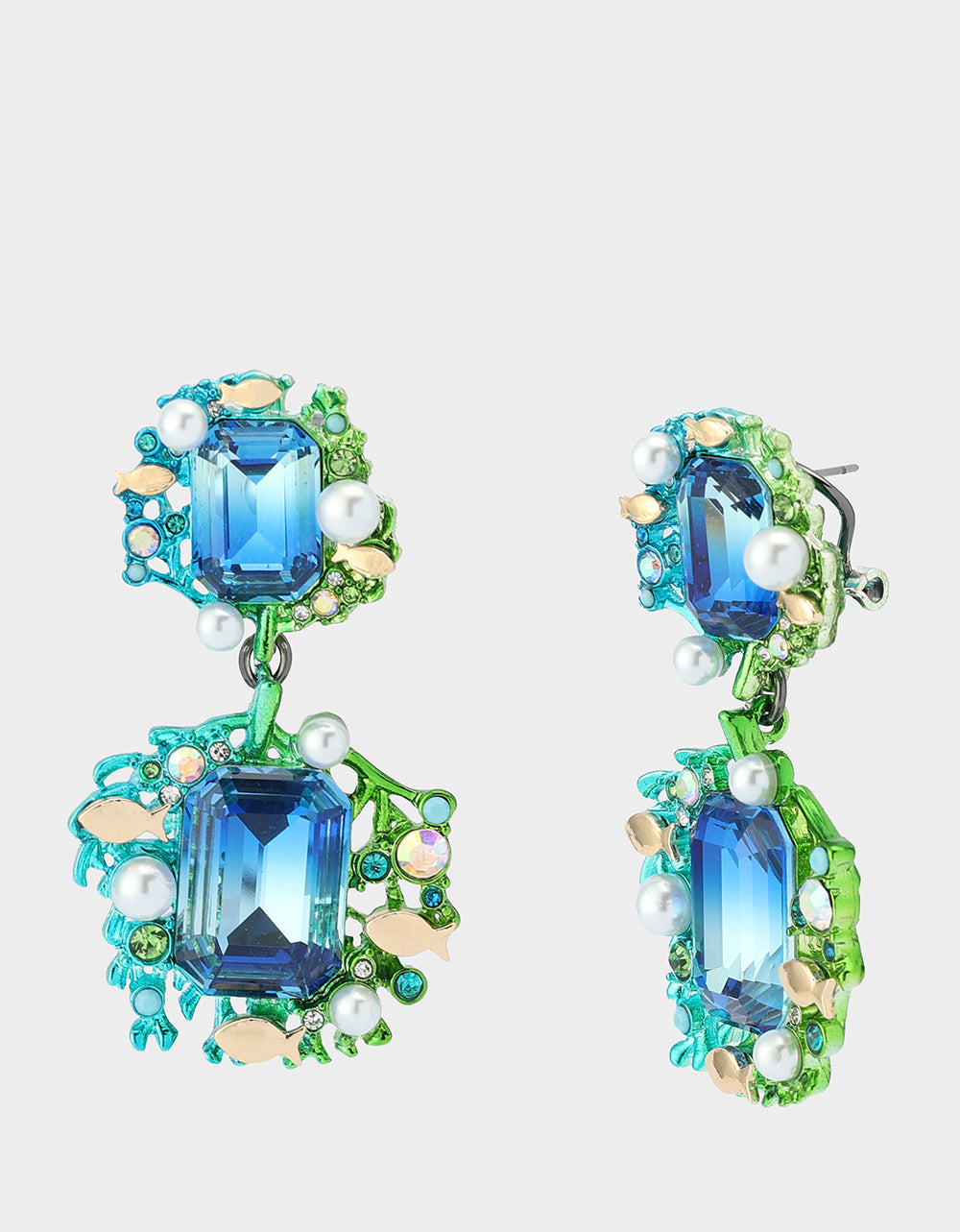 Blue Mermaid Drop Earrings with Emerald Stones & Pearls | Hypoallergenic