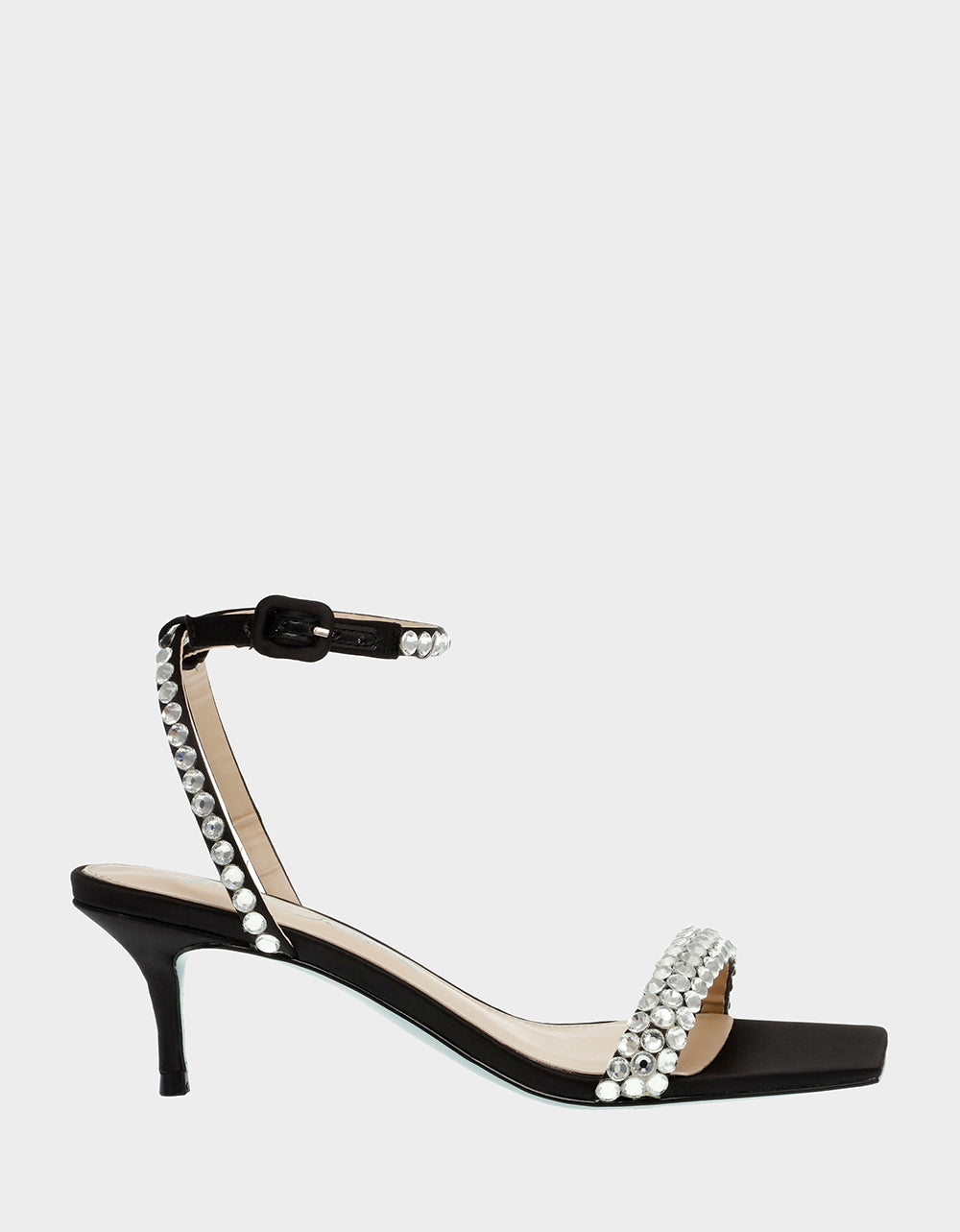 Stone Black Satin Bridal Heels with Thin Straps | Betsey Johnson