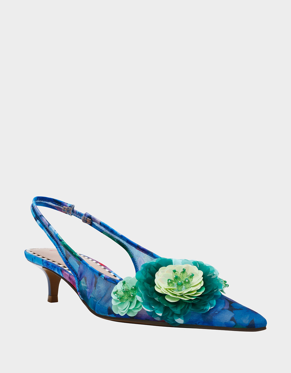 Floral Slingback Kitten Heels with 3D Flowers | Audree Blue