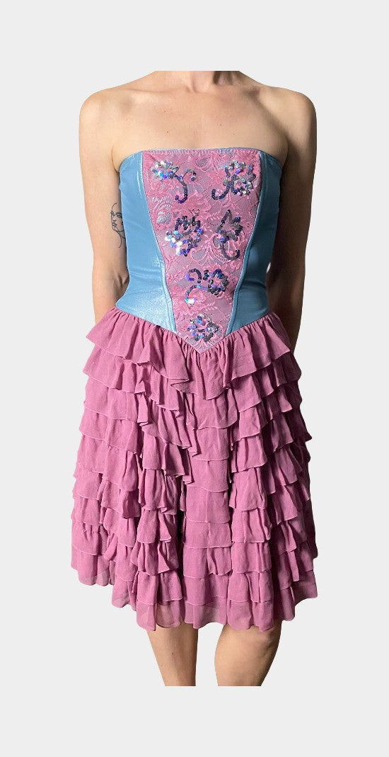 Strapless Ruffle Dress in Blue & Mauve | RE:LUV