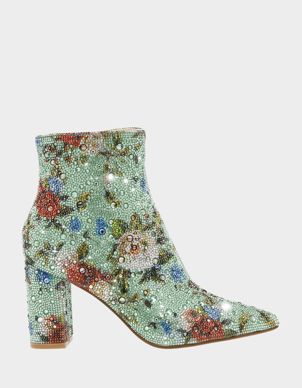 Floral Rhinestone Booties with Block Heel & Side Zipper | CADYF